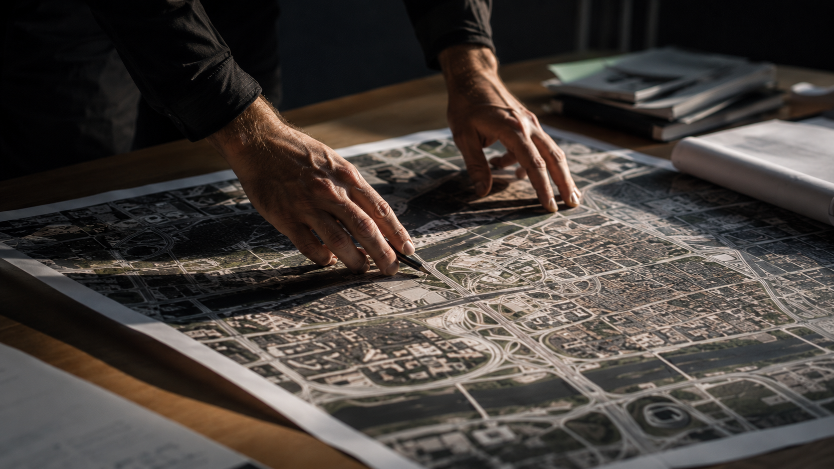 Hands reviewing a detailed city plan and mobility network spread across a desk
