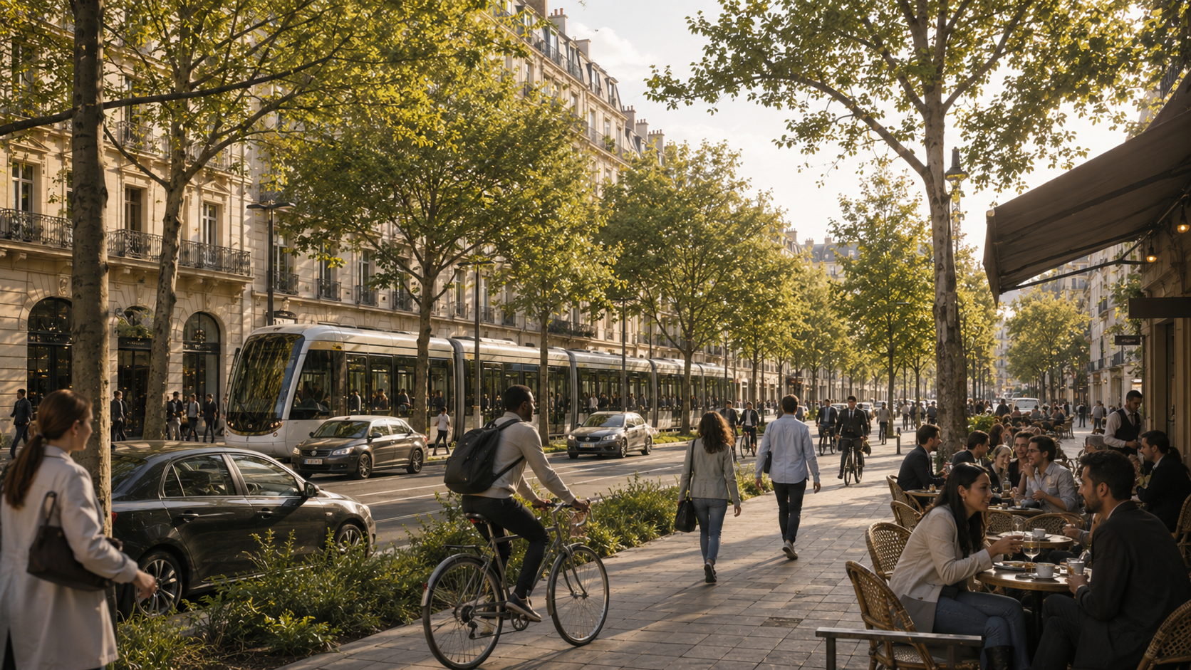 Tree-lined European boulevard with tram, cyclists, pedestrians and street cafés in warm afternoon light