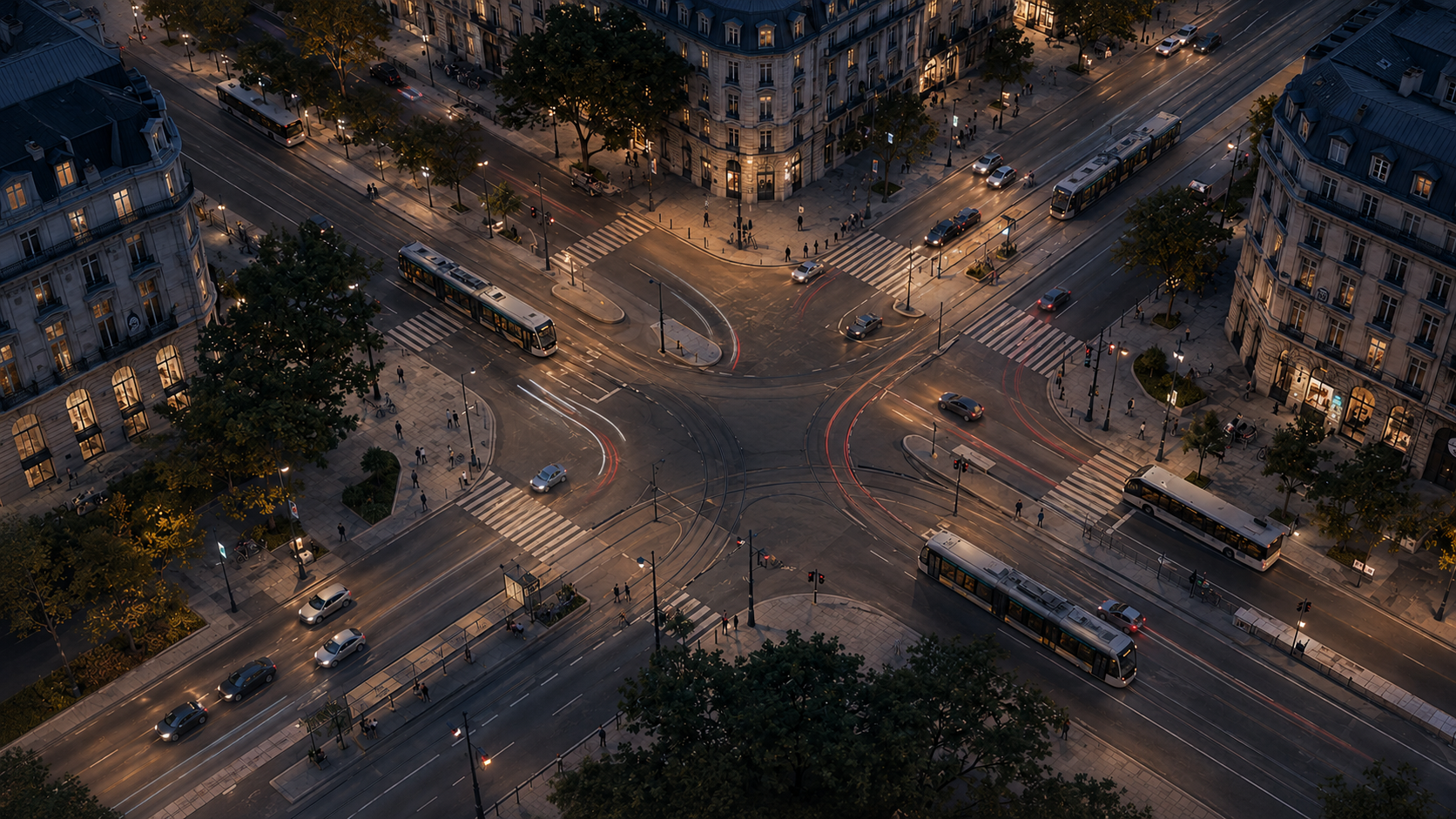 Aerial view of a signalised intersection at night, showing lanes, priorities and urban movement patterns