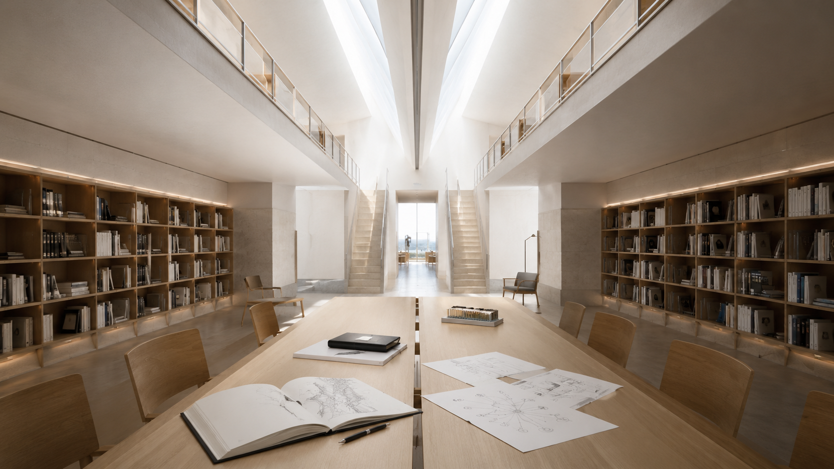 Editorial library interior with floor-to-ceiling bookshelves and warm natural light