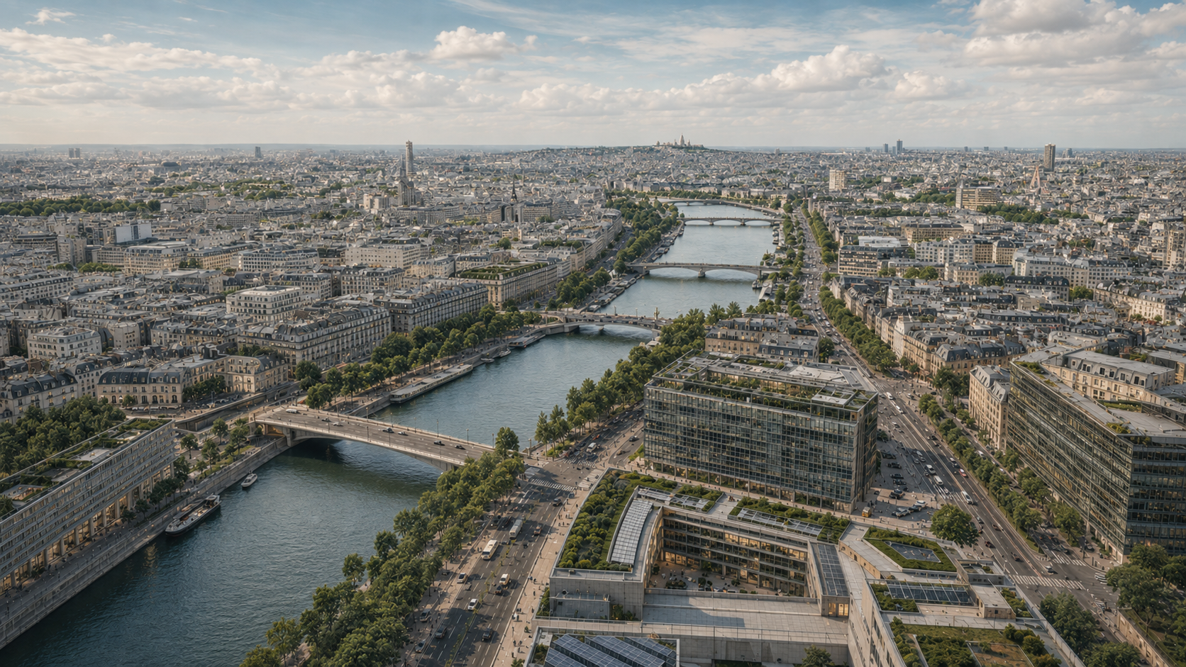 Vista aérea diurna de uma cidade europeia e da sua rede de mobilidade urbana.