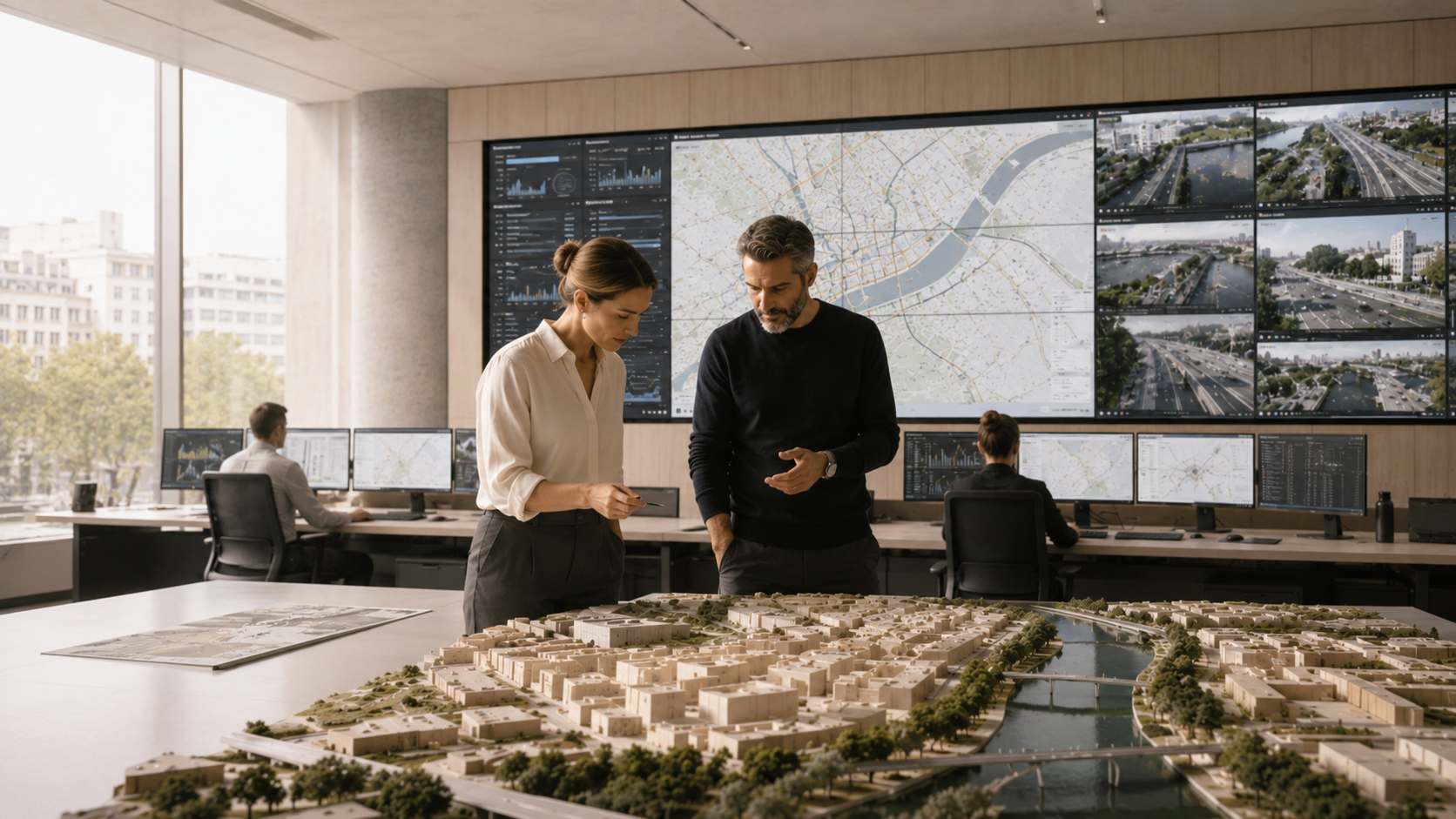 Advisory team reviewing a city-scale model and live operations data in a control room