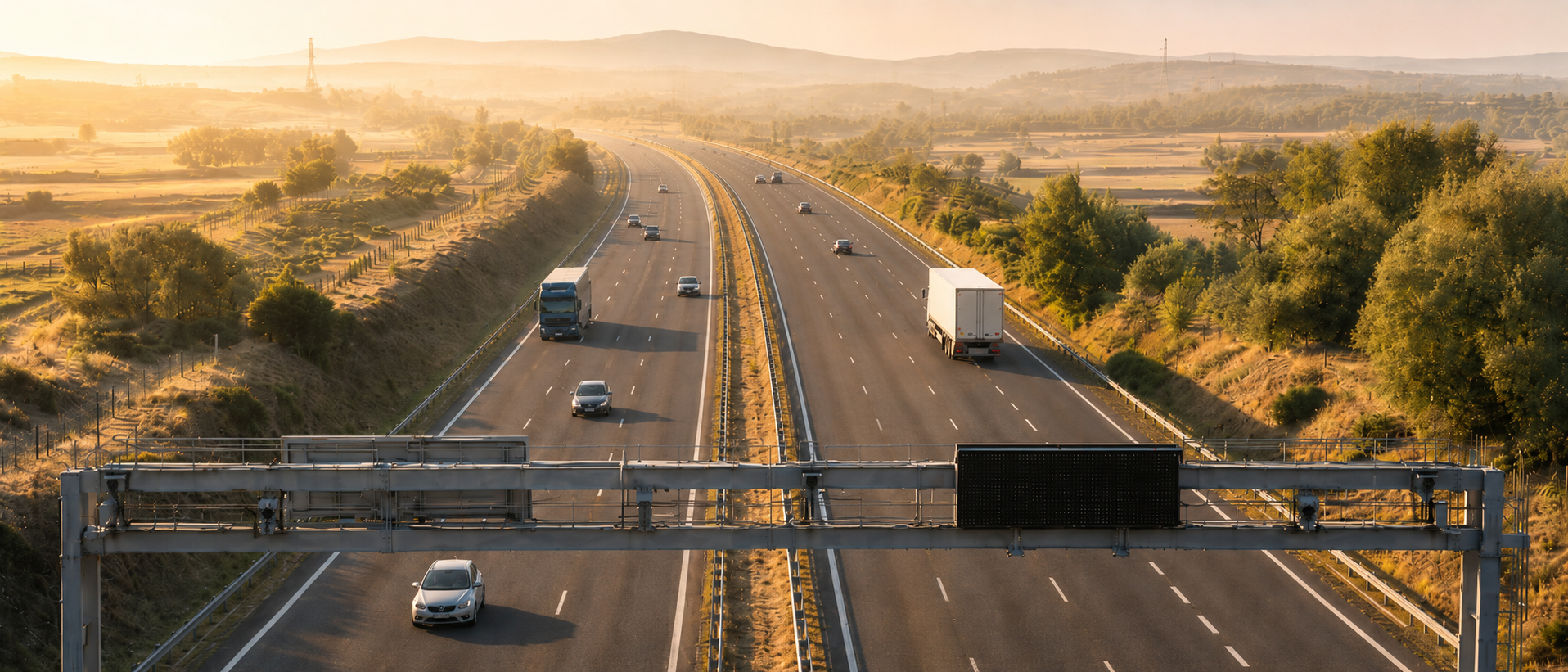 Intercity motorway corridor at dawn with ITS gantry — broader mobility context beyond urban environments
