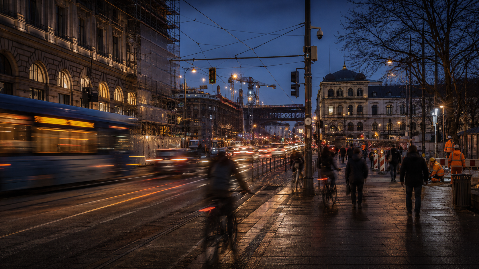 Busy European boulevard at dusk with trams, cyclists and pedestrians — the everyday mobility pressure clients face